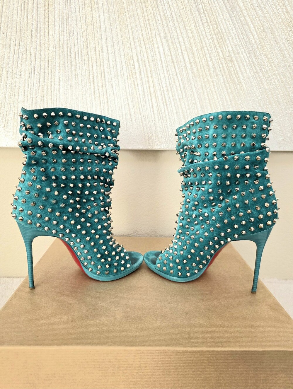 Christian Louboutin Aqua Suede Silver Spiked Open Toe Ankle Boots Size 38 US 7-9 - Picture 6 of 14